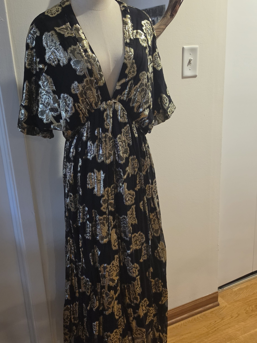 Three Bird Nest Black Maxi Dress with Gold Floral Foil